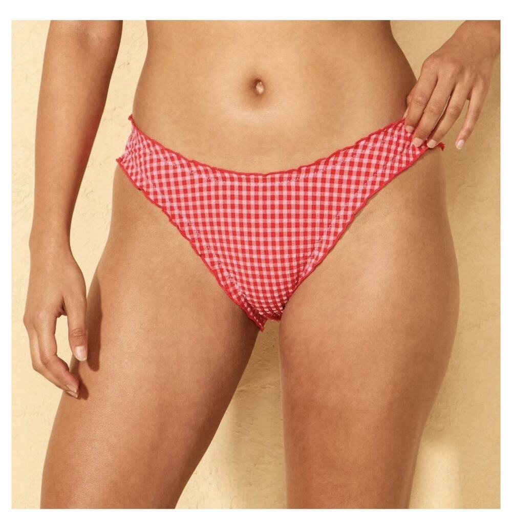 Women's Gingham Seersucker Ruffle Low-Rise High Leg Medium Coverage Bikini S 4/6